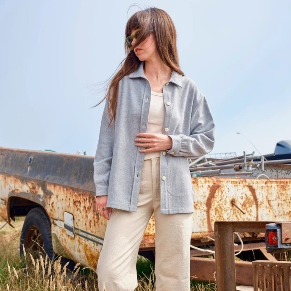 Mollusk California Blue Stripe Wool Button Shirt Jacket Womens Large Gorpcore